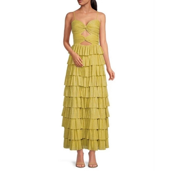 Gianni Bini Grace Metallic Plisse Sweetheart Neck Cut-Out Tiered Dress - Picture 2 of 7